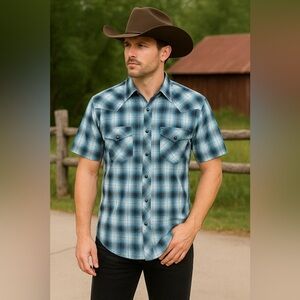 Cowboy Legend Blue Plaid Snap Shirt Mens Size L Western Rodeo Ranchcore Vintage